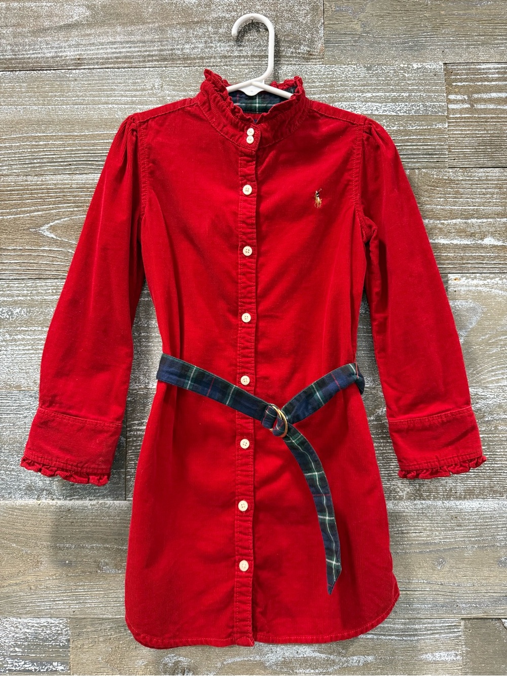 Ralph Lauren Girls Red Corduroy Shirt Dress with Tartan Plaid Belt Size 5